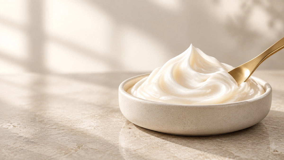 Whipped ivory cloud cream texture on a warm beige surface